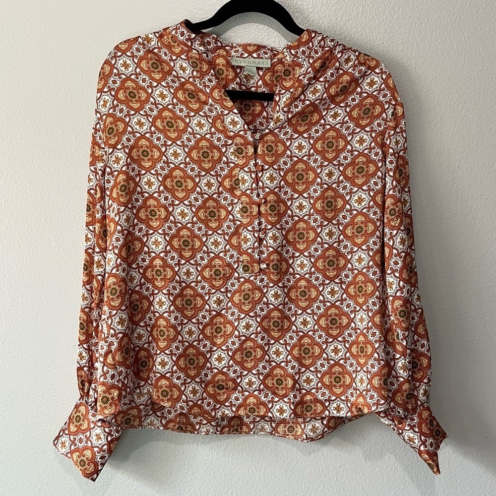 RYEGRASS - Long Sleeve Burnt Orange White Pattern Silky Blouse Size S